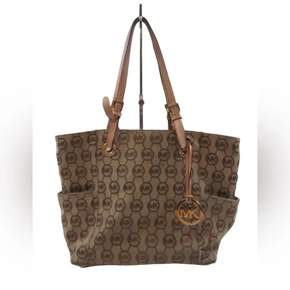 Michael Kors Handbags - Michael Kors Large Tote Shoulder Bag‎ Brown Leather and Jacquard Logo Print